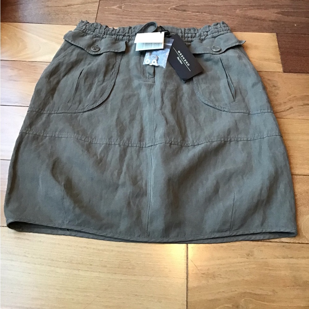 MaxMara Silk Linen Skirt Utility Neutral Pockets Olive Classic - Picture 2 of 9